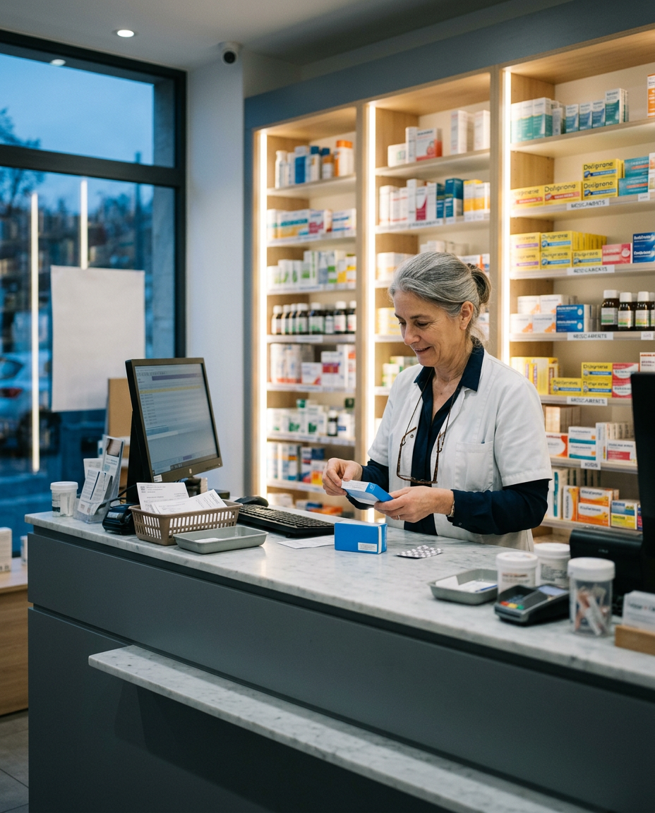 Comptoir et linéaires d’une officine lumineuse et ordonnée.